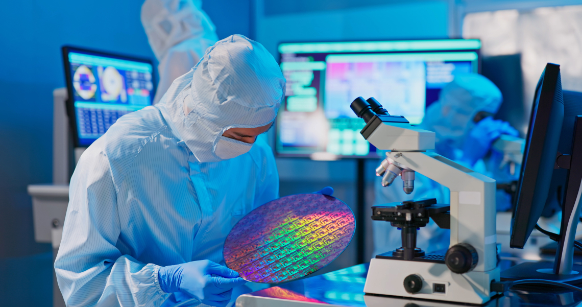 Ein Mitarbeiter einer Chipfabrik inspiziert einen Wafer.