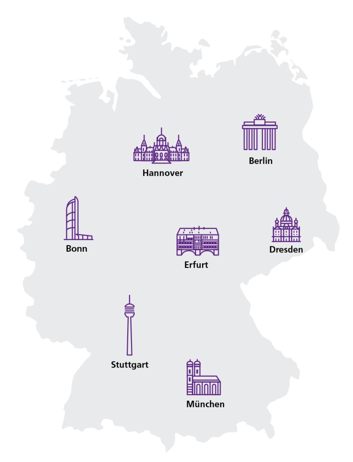 Deutschlandkarte mit Standorten des Unternehmens VDI/VDE-IT