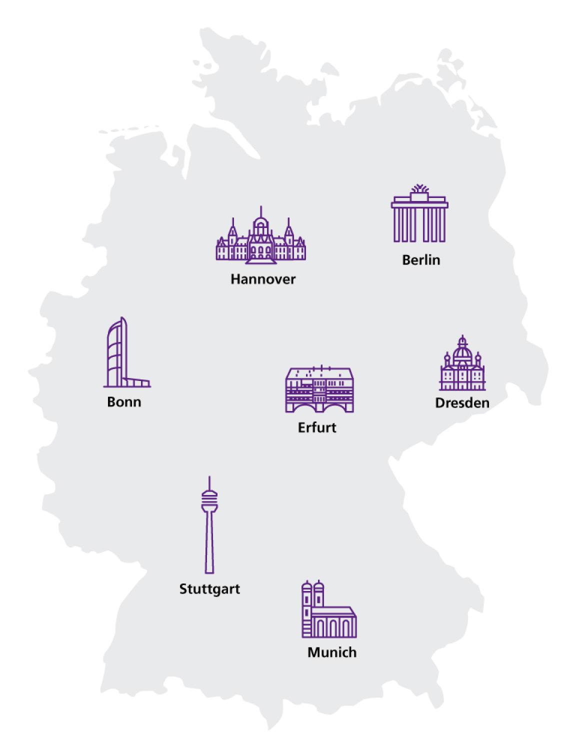 Map of Germany with sites of the comapny VDI/VDE-IT